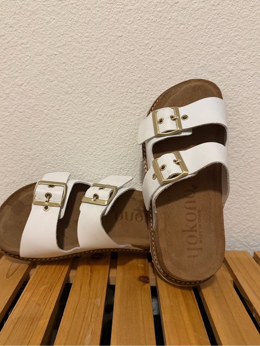Yokono White Double-Buckle Slide Sandals for Women